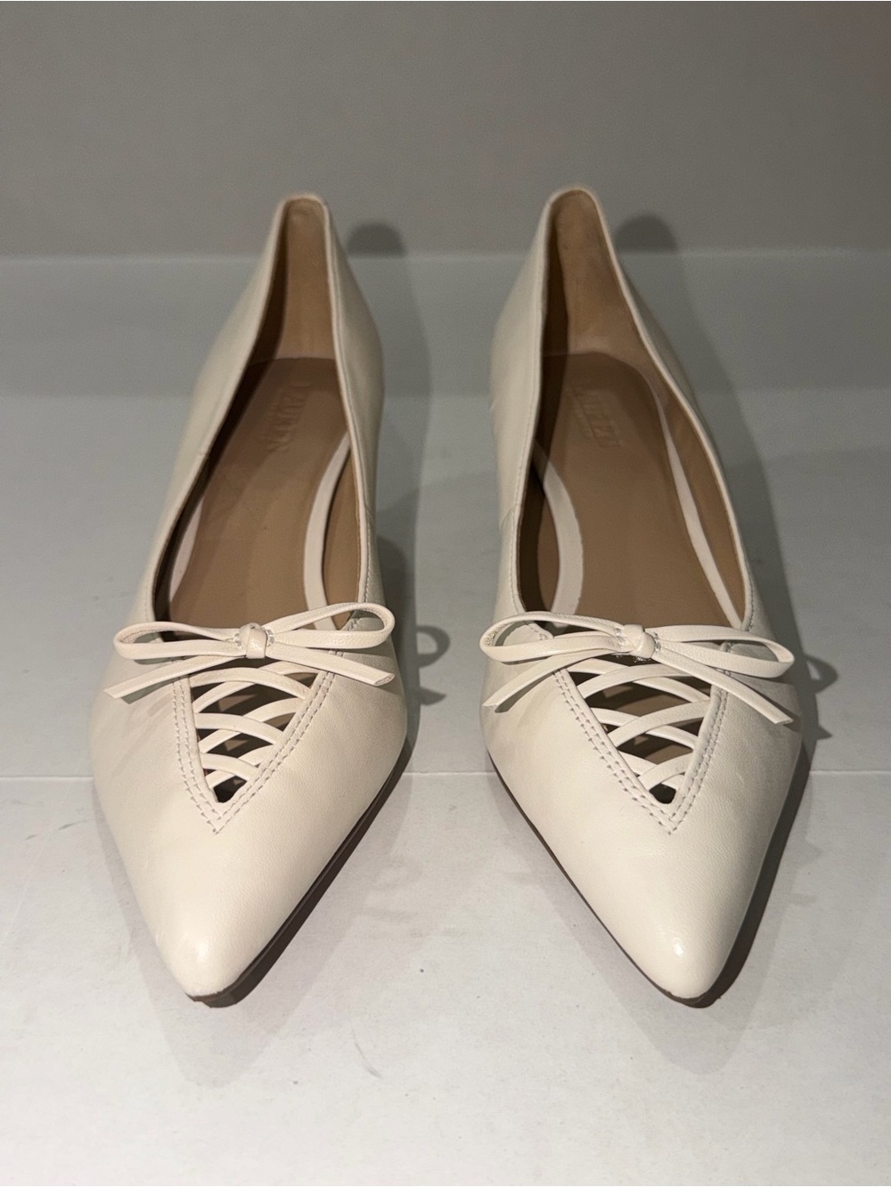 Ralph Lauren Cream Pointed-Toe Flats with Lattice Bow